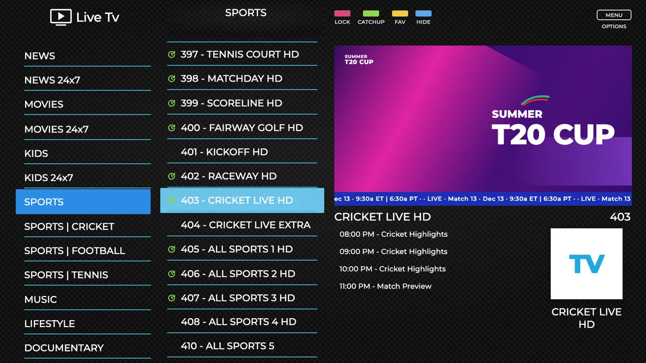 Live TV. screen on OTV Prime 11000